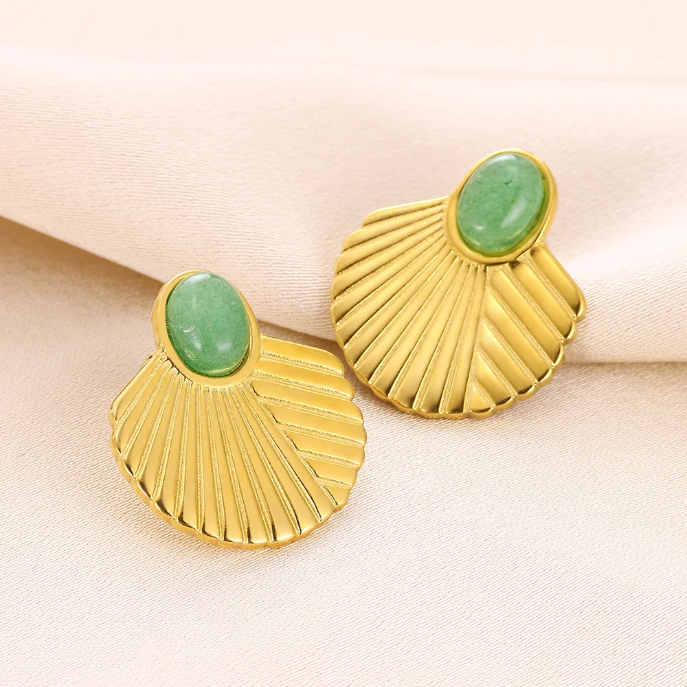 Stainless Steel Shell Fan-Shaped Stud Earrings For Women Irregular Oval Stone Earring Vintage Charm Gold Color Jewelry Gifts