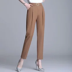 Women's Clothing Spring Autumn Solid Color Elastic Pockets High Waist Loose and Elegant Vacation Trousers Straight Pencil Pants
