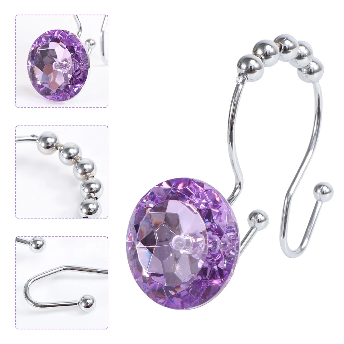 

12Pcs Stainless Steel Shower Curtain Hooks Purple Rhinestone Decorative Strong Rings for Bathroom Use Shower Ring Hangs