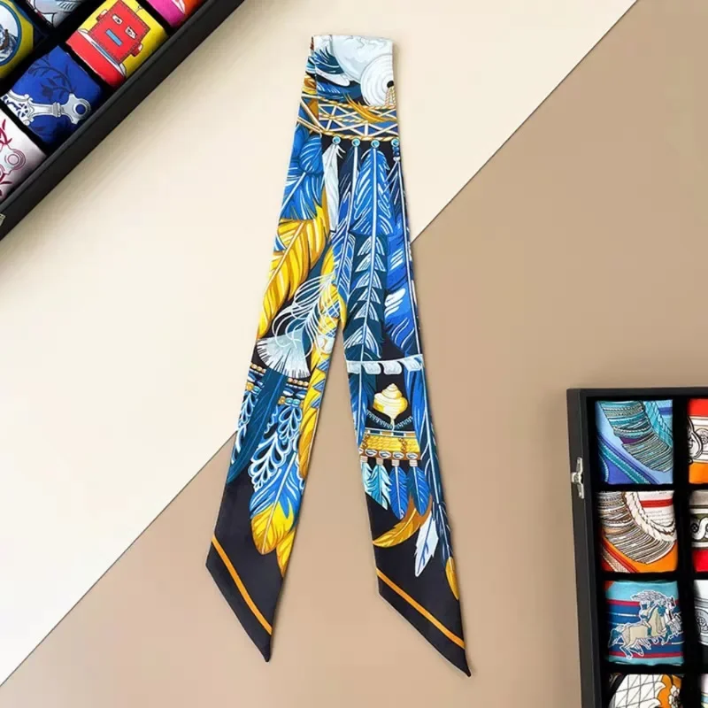 2024 Fashion New Animal Feather Pattern Ladies Leisure Decoration Twill Long Strip Streamer Silk Scarf Tie Bind A Bag Ribbon