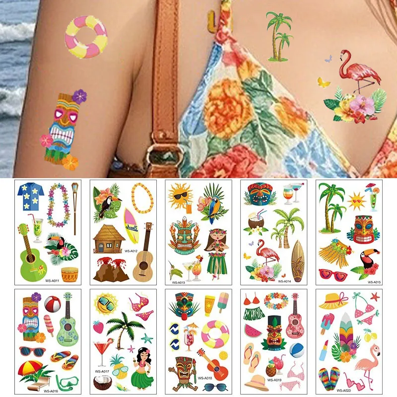 

Waterproof Temporary Tattoos Stickers - Hawaiian Flower Leaf Design for Women Girls Summer Beach Pool Party Body Art