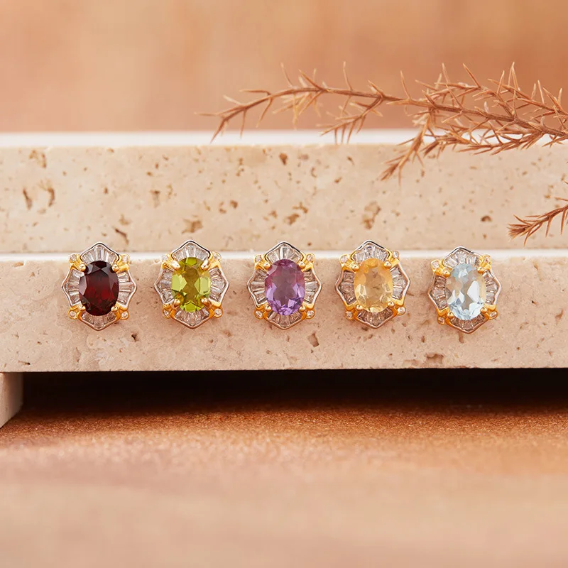 

S925Pure Silver Colorful Gemstone Earrings for Women Natural Topaz Garnet Amethyst Citrine Earrings Wholesale