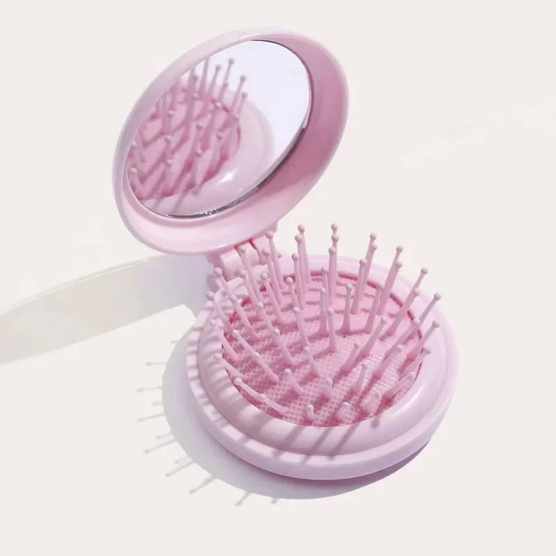 Hot Sale Pink Portable Mini Round Hair Comb Mirror Pocket Small Size Traveling Massage Folding Hair Comb for Baby Hair Brushes