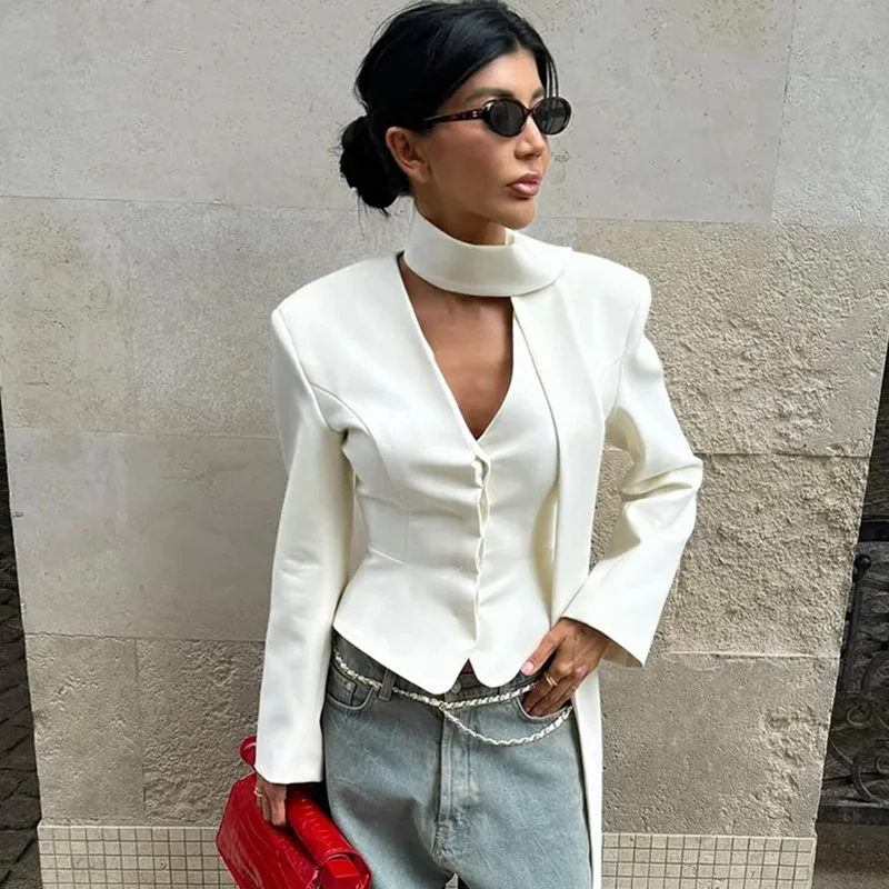 

Ticketsx Scarf Bibbon Tailored Coat Women's Sexy V-Neck Single Breast Patchwork Slim Jackets Elegant Female Formal Party Jackets