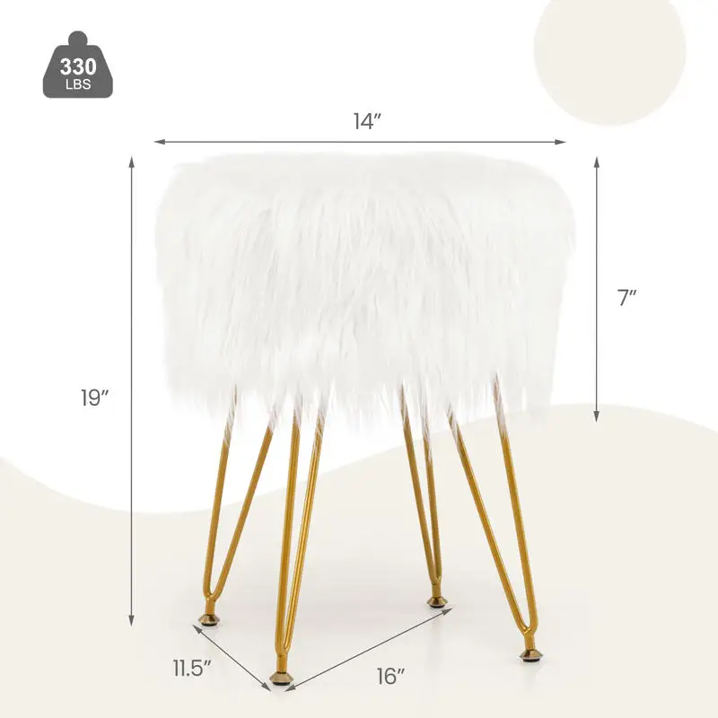 

Faux Fur Vanity Stool Chair with Metal Legs for Bedroom and Living Room-White