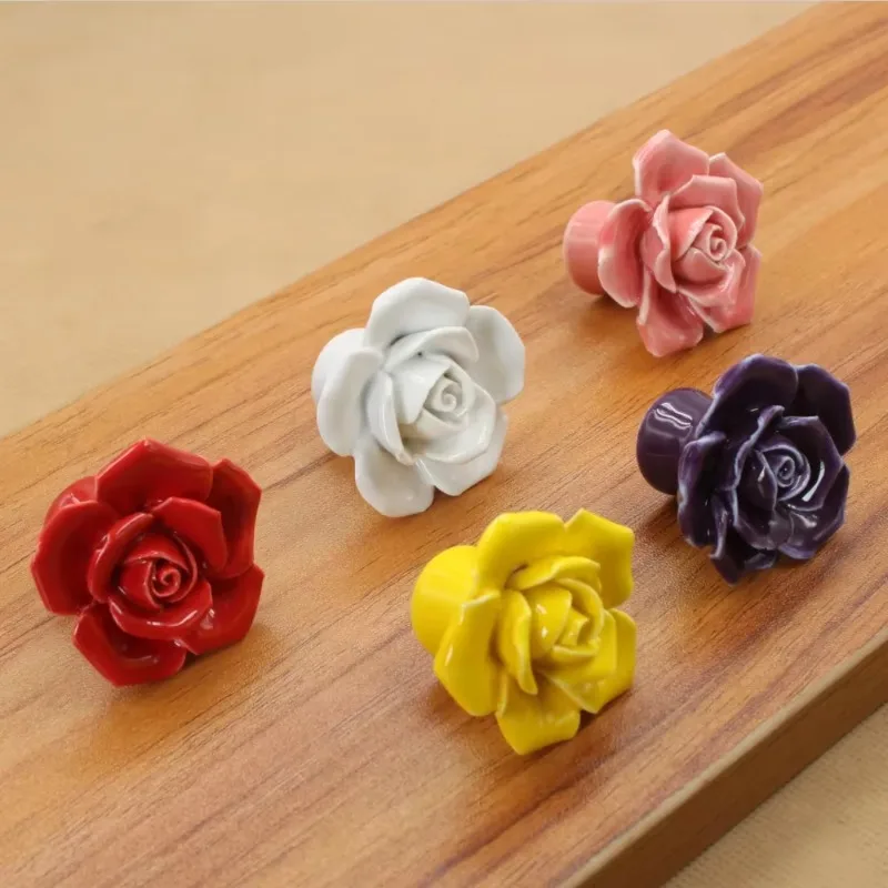 Fashion Furniture Handles Hardware Ceramic Flower Rose Drawer Knobs Rural Cabinet Cupboard  41mm Diameter 34mm Height