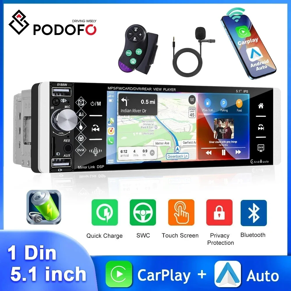 Podofo 5.1'' Car Radio 1Din MP5 Player Touch Screen Wireless Carplay Android Auto FM/AM Multimedia Player Mirror Link Car Stereo