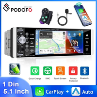 Podofo 5.1'' Car Radio 1Din MP5 Player Touch Screen Wireless Carplay Android Auto FM/AM Multimedia Player Mirror Link Car Stereo