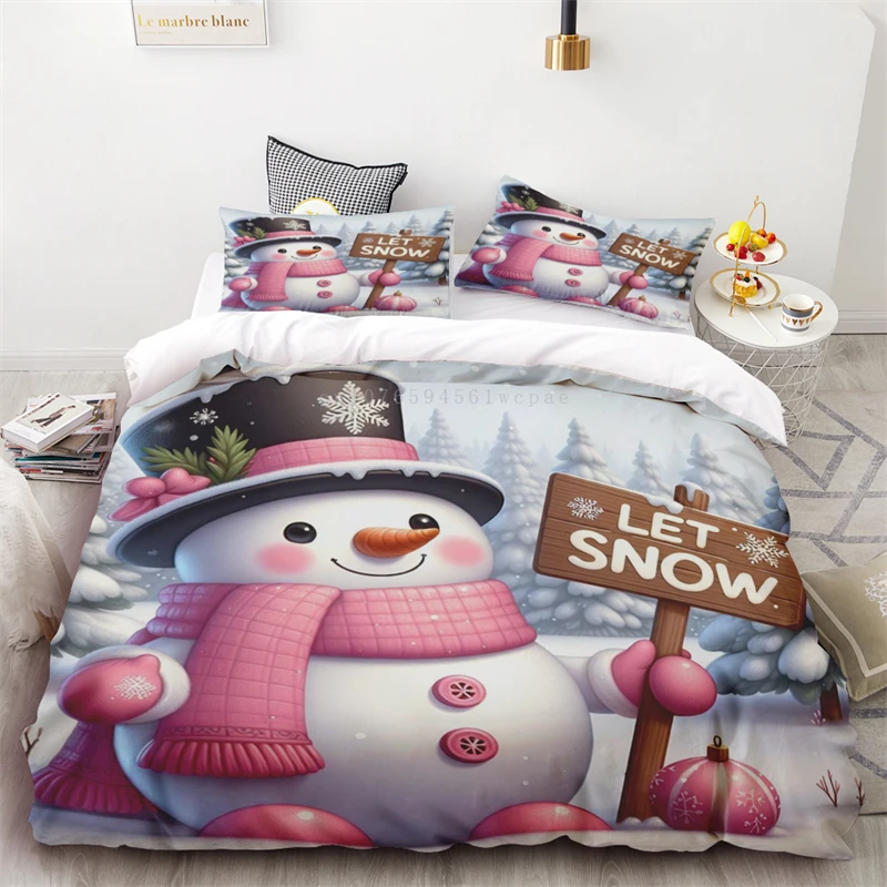 3pc Duvet Cover Christmas Snowman Red Scarf Let Snow Snow Scene Bedroom Living Room Holiday Decoration  Single Double Bed