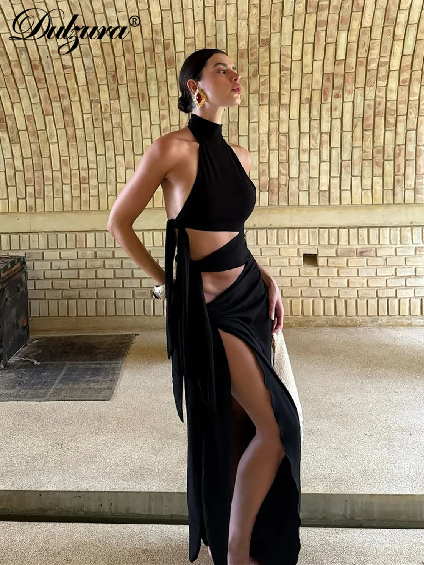 Dulzura الرسن بلا أكمام عارية الذراعين سليم الدانتيل يصل قطع الشريط غير النظامية فستان طويل الصلبة مثير فستان أنيق ملابس نادي الحفلات