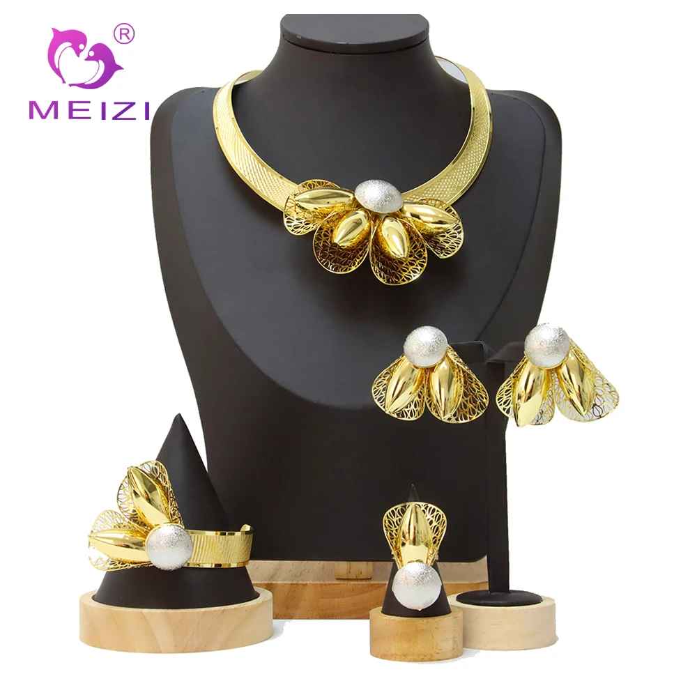 

MEIZI Jewelry Dubai African Gold Fine Necklace Bracelet Ring Earrings For Luxury Bridal Wedding Banquet Party Adorn Gifts