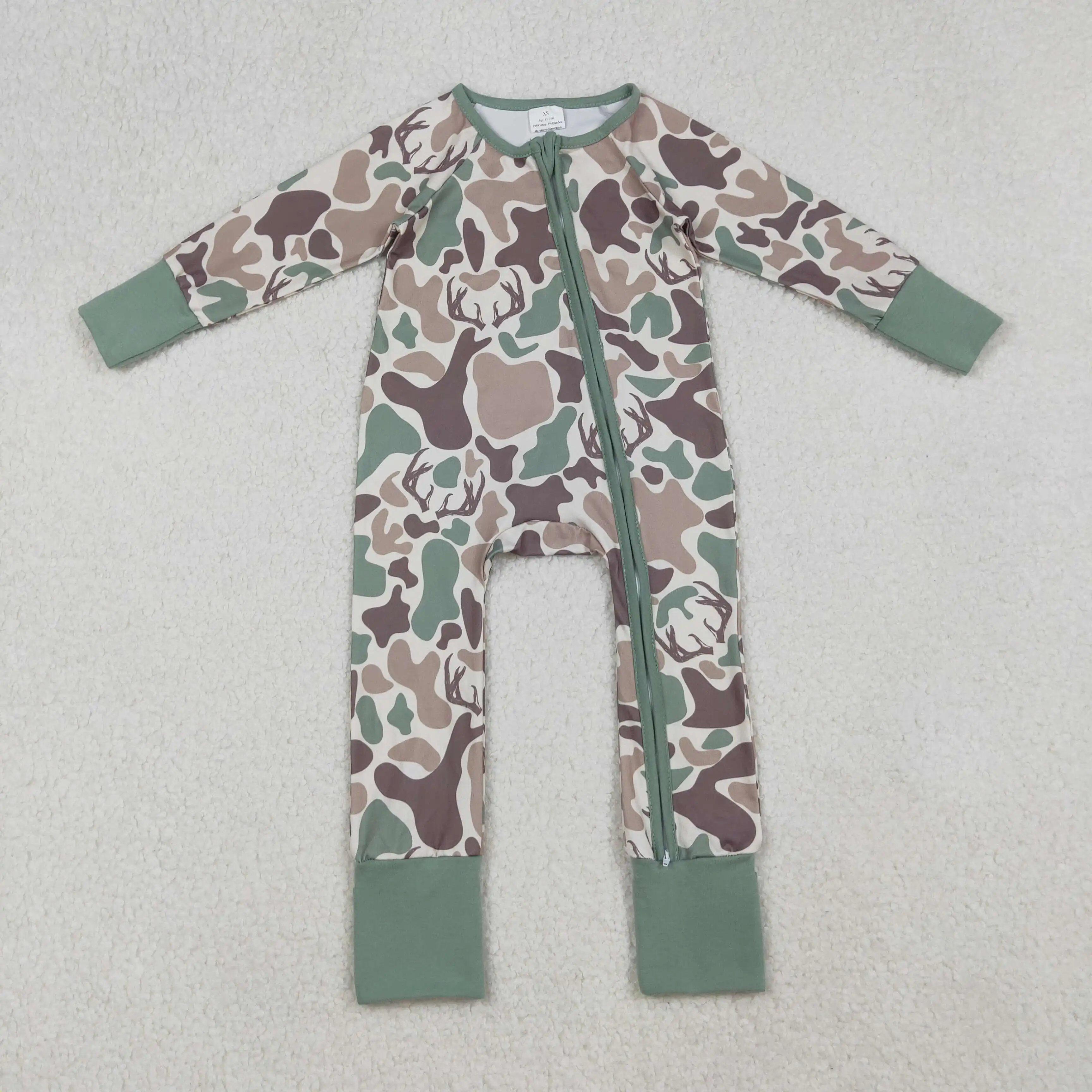 

X9.19 High Quality Long Sleeve Deer Brown Green Camo Green Print Romper Western Clothes Jumpsuit Baby Girls Style Zipper Romper