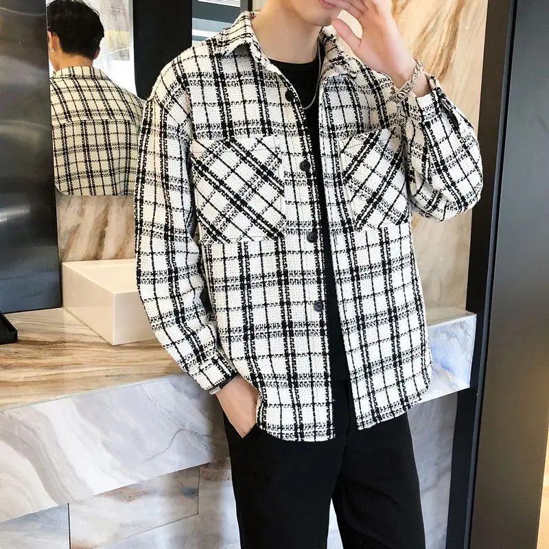 Bla الأبيض منقوشة الرجال الربيع Jaet Little Fraance Sle معطف الصوف زوجين ملابس خارجية عادية فضفاضة تناسب طويلة Sve #4