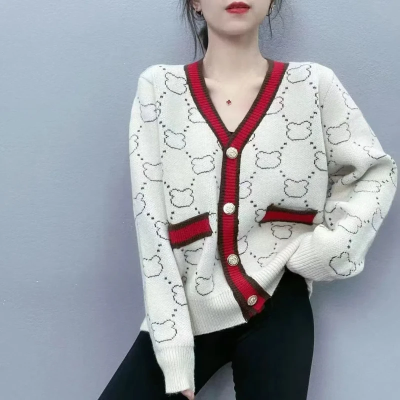 Vintage Knitting V Neck Cardigan Autumn Winter New Long Sleeve Button All-match Contrast Sweaters Casual Fashion Women Clothing