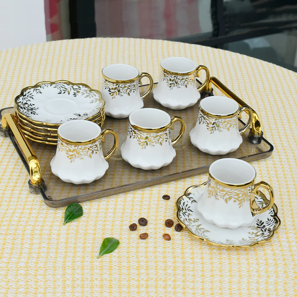 Deluxe Ceramic Espresso Cup Ceramic Leaf Pattern Espresso Cup Set with Gold Edging