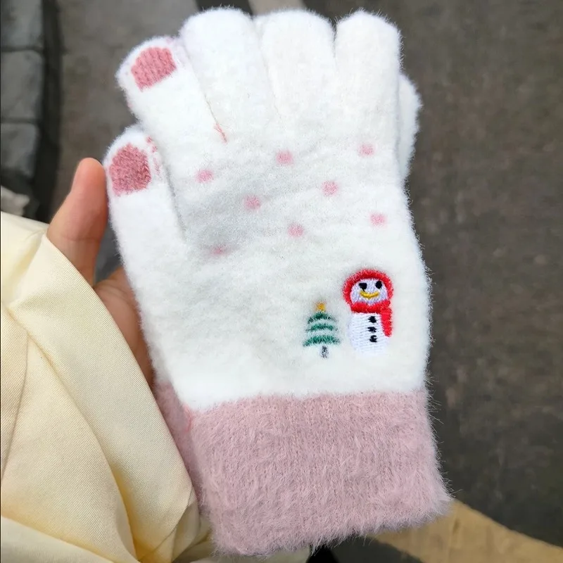 

Зимние теплые перчатки с сенсорным экраном для женщин, мягкие милые варежки со снеговиком и вышивкой на полный палец, толстые уличные варежки, аксессуары для холодной погоды