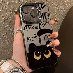 Cartoon Black Cat Eating Fish Electroplate Silver Case For Xiaomi Redmi Note 14 13 12 11 10 Pro Plus 5G 12S Redmi 14C 13 Cover