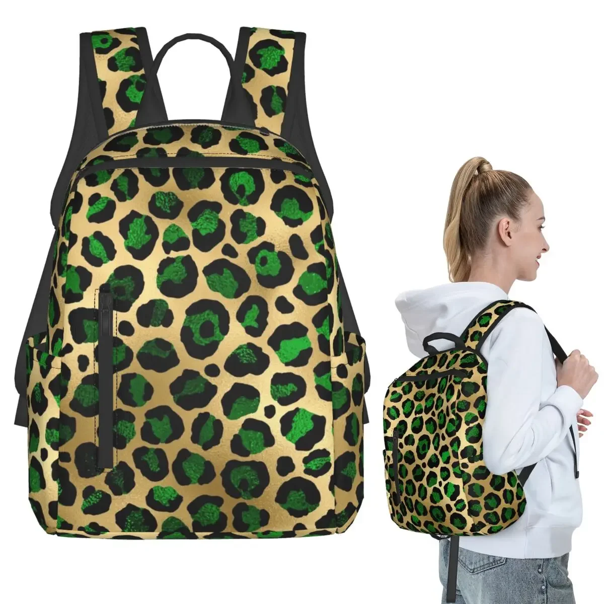 

Emerald Green Leopard Print Backpack Student Boys Girls BookBag Children School Bag Computer Shoulder Bags for Men Women