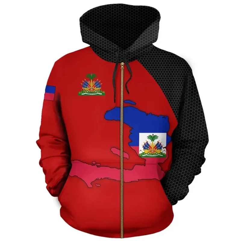 Autumn Vintage 3D Haiti National Tribal Flag Printing Zip Up Hoodies Haiti Coat Of Arms Graphic Zip Up Sweatshirts Mens Clothing