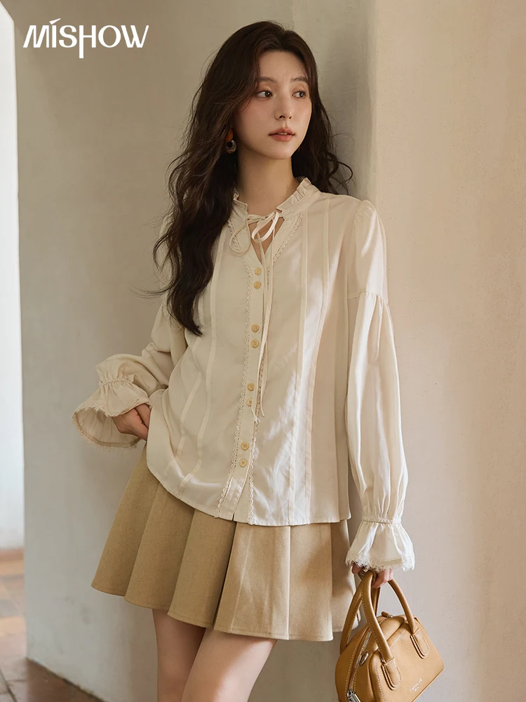 

MISHOW French 100% Lyocell Apricot Shirt 2025 Autumn Flared Sleeves Lace Edges Shirts V-neck Slim Top Office Lady MXE41C2351