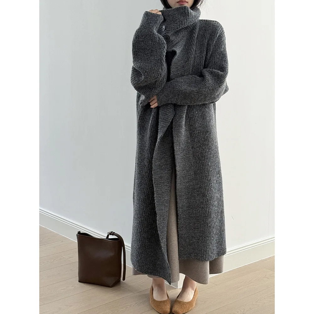 SuperAen Korean Style Oversize Turn-down Collar Long Knitted Cardigan for Women's 2025 Winter New Loose Solid-color Sweater Coat