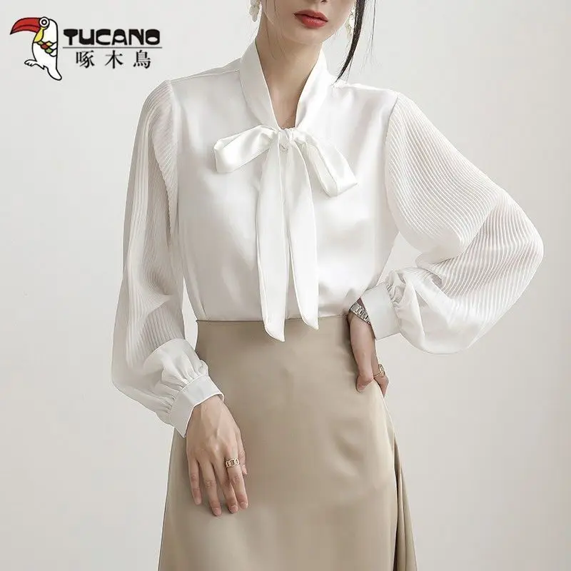 Chiffon-Hemd für Damen, langärmelig, Frühling und Herbst, neues High-End-Profi-Schleifen-Streamer-Top