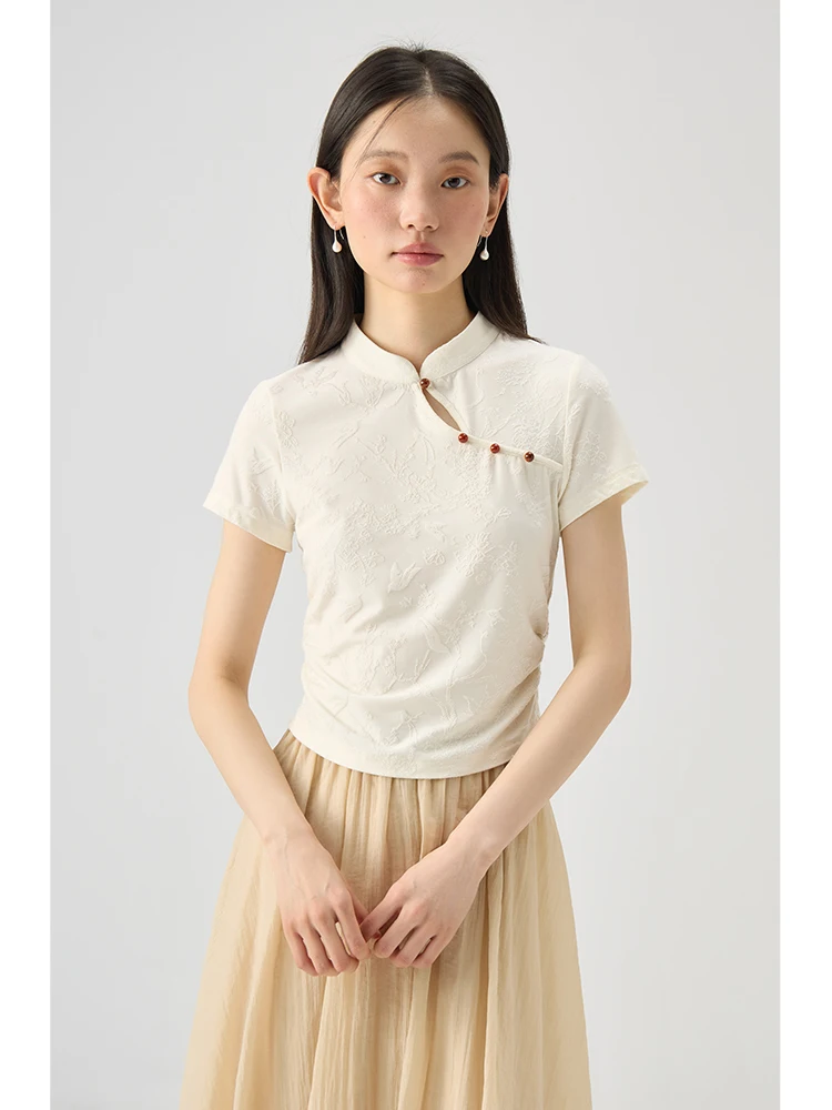 ZIQIAO Women Summer Beige Short Sleeve Blouses Stand Collar Strech Slim Knitted T-Shirts Office Lady Solid Shirt 24ZQ92395