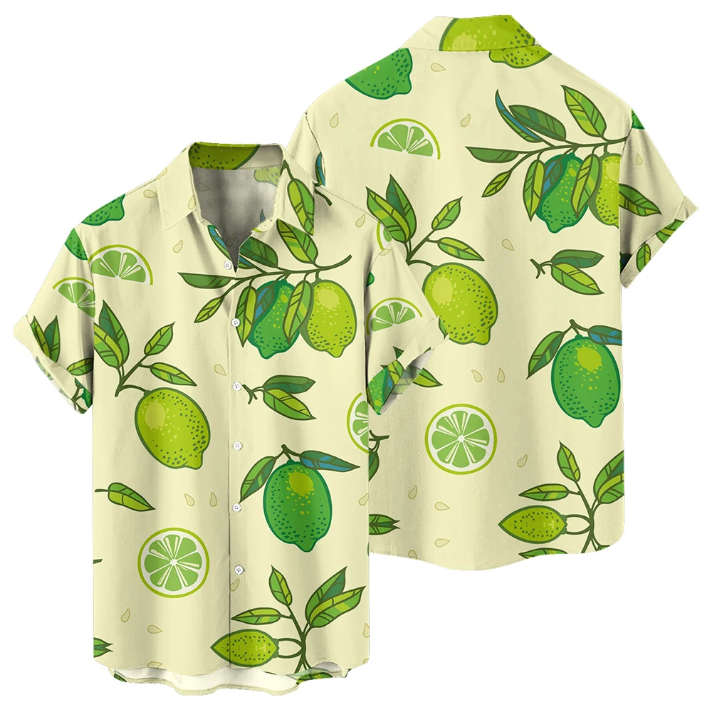 

2024 new summer tropical fruit leisure travel large size short sleeve shirt Hawaiian style lemon digital print loose trend shirt