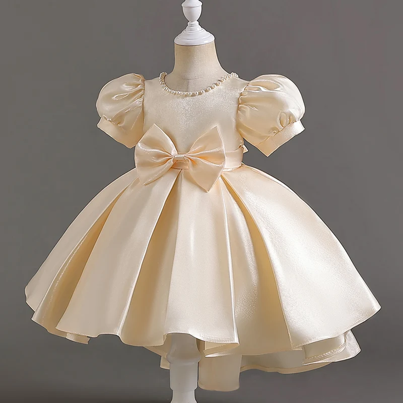 Little girl dress puffed sleeve court style short round neck champagne princess dress sweet #T002