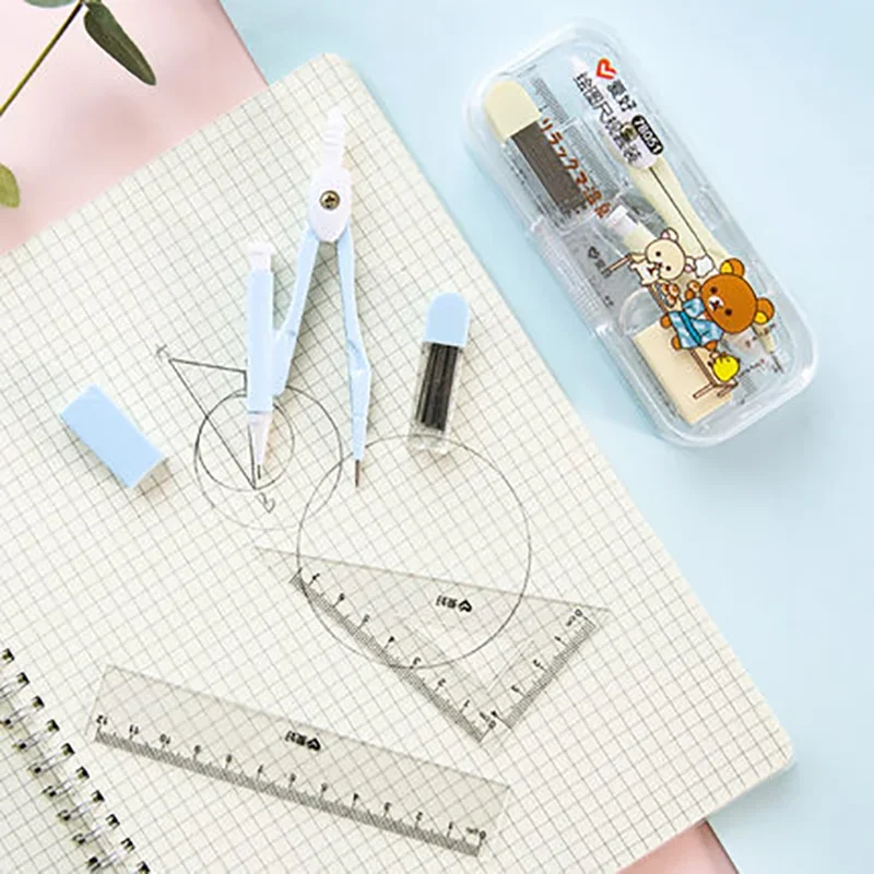 AIHAO 78051 Rilakkuma Metal Compass Ruler Triangle Ruler Set School Stationery For Junior Middle School Students