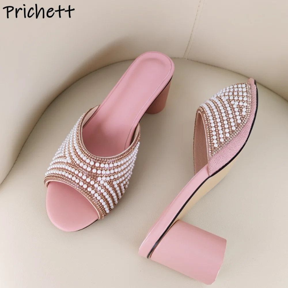 Pearl Crystal Slippers Round Heels Peep Toe Solid Elegant Outdoor Summer Shoes Slip On Slingback Luxury Rhinestone Line Slippers
