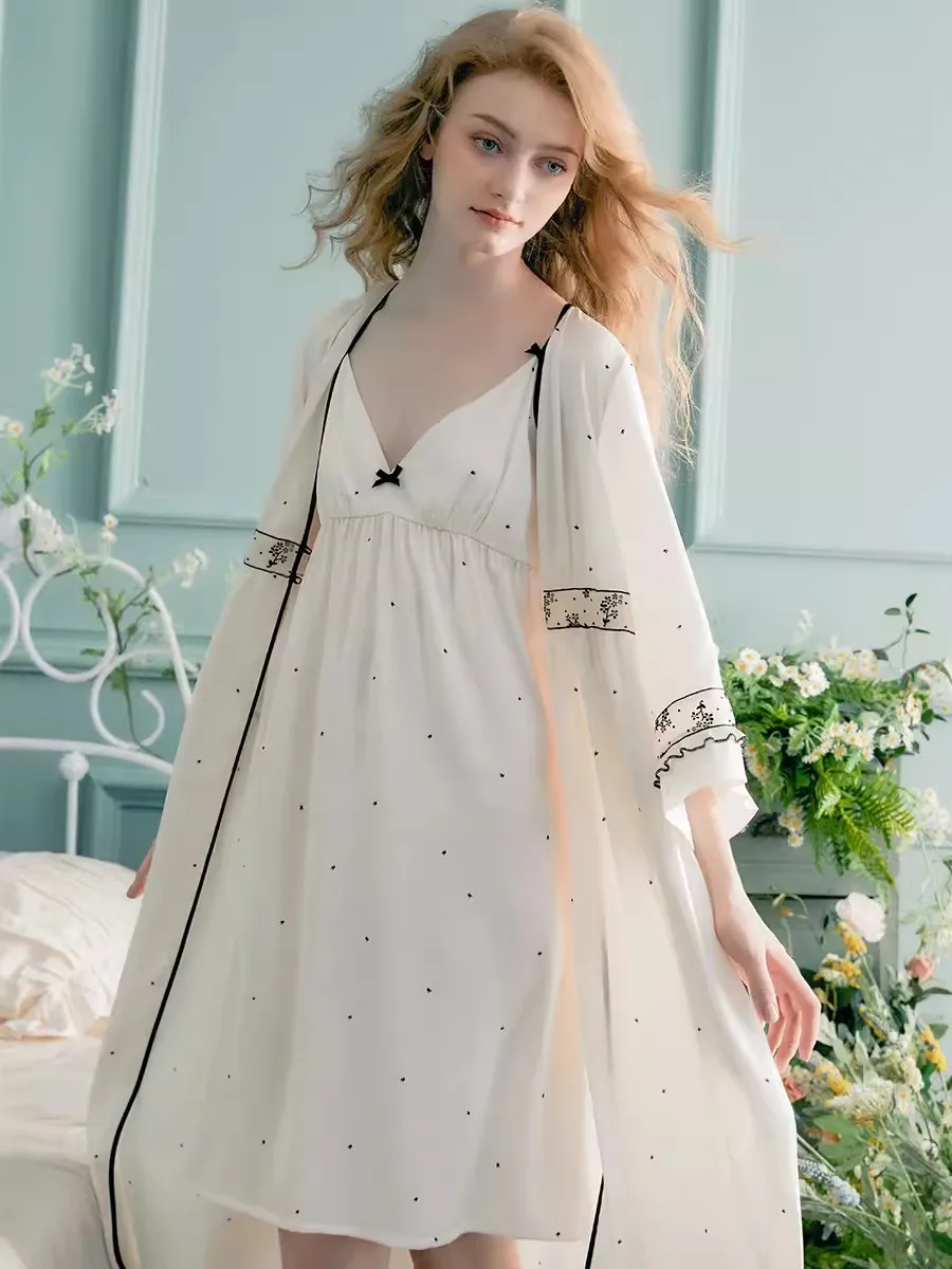 Sexy White Color  2 Pieces Women's Ice Silk Robe Sets Long Sleeve Royal Roupas De Dormir Femininas Lace Summer Night Dress