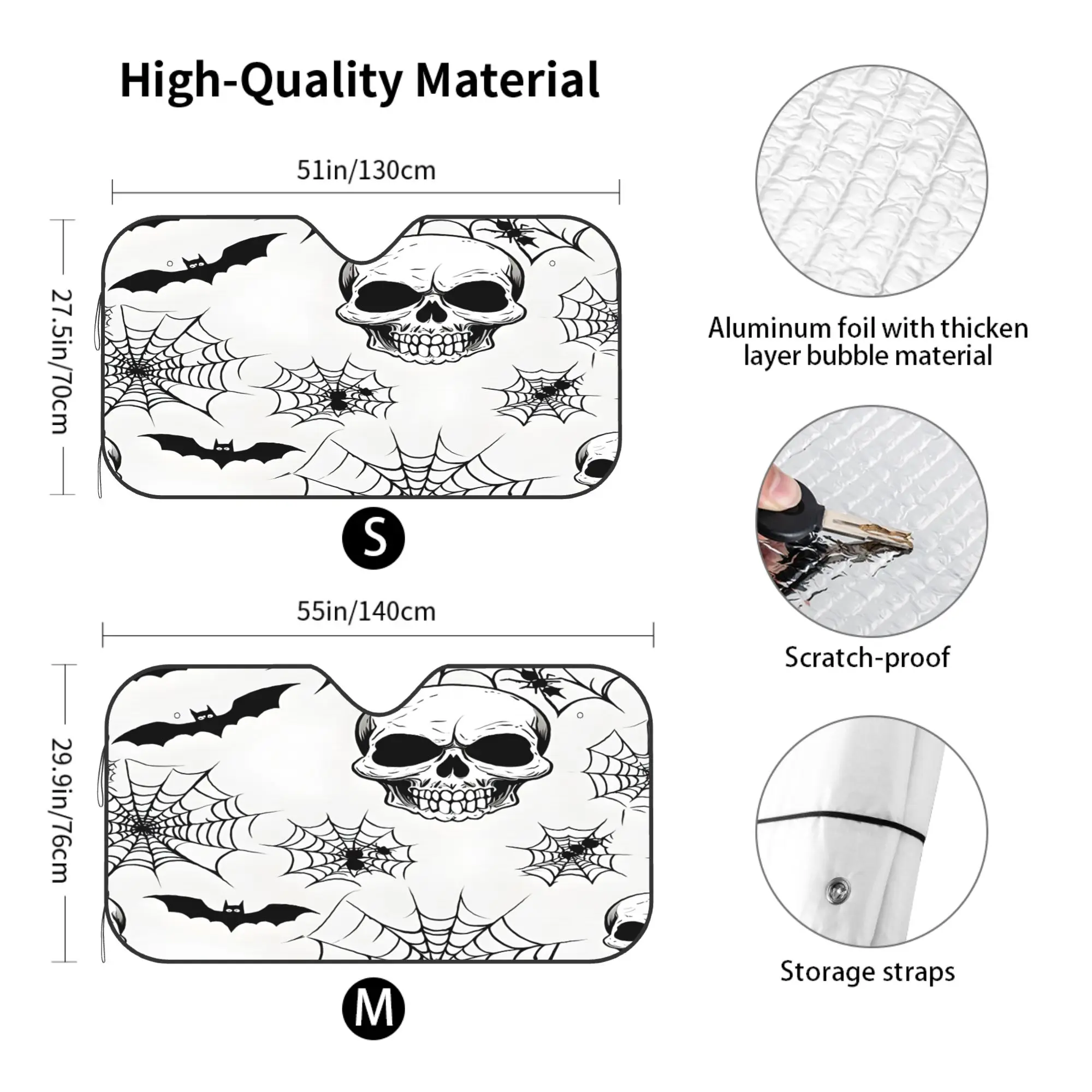 Skull Bat Spider Web Car Windshield Sun Shade, UV Ray Reflector Heat Shield Visor, Foldable Auto Front Window Cover