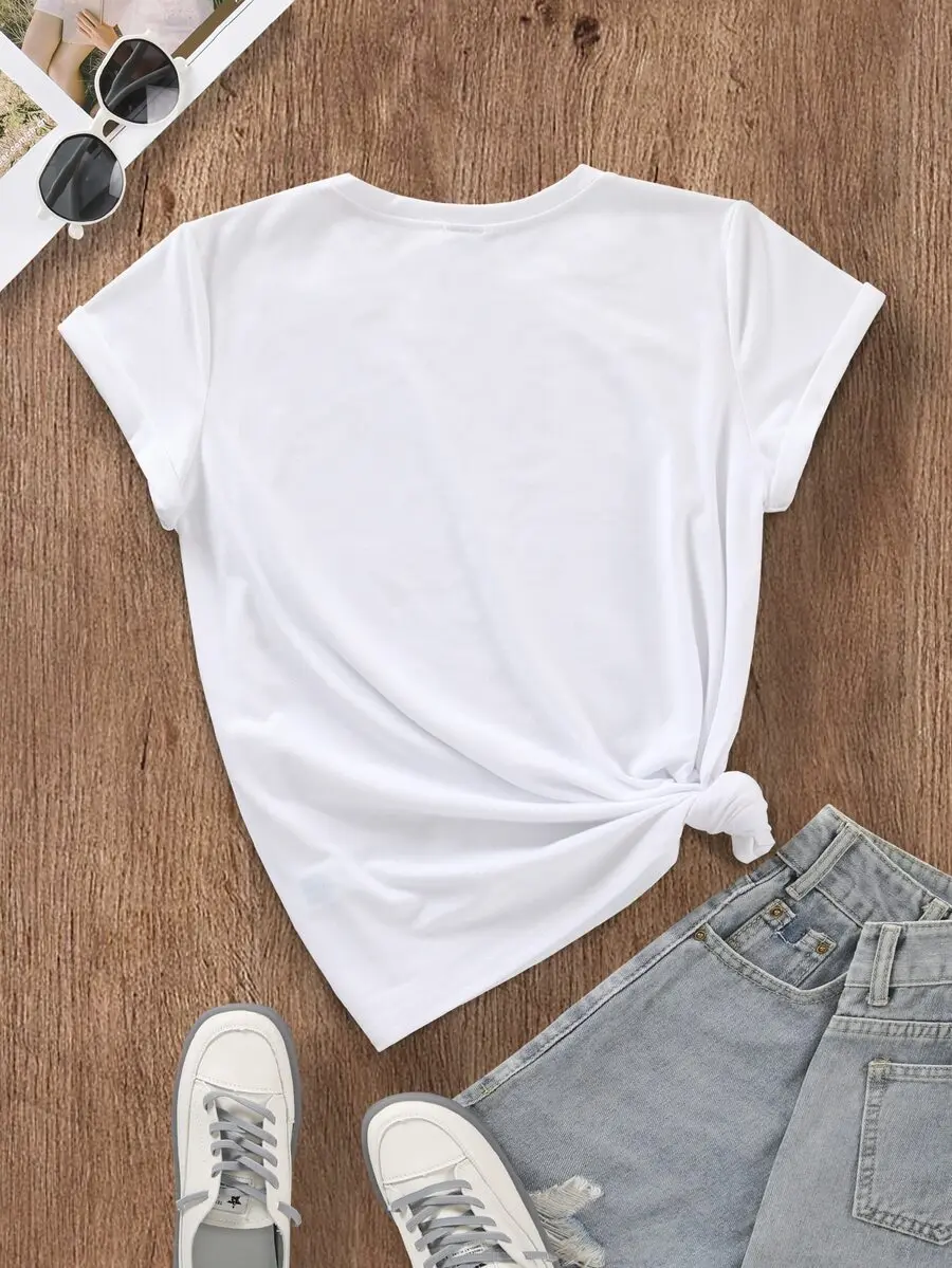 2026 New Women Crew Neck HAPPY Heart And Letter Graphic Print Short Sleeve T Shirt Fashion Casual Daily Tops Basic Top T Shirt