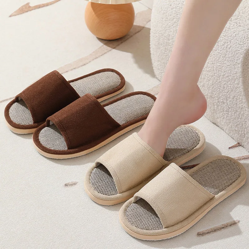 Linen Slippers Women And Men Household Indoor Floor Slippers Daily Home Simple Plain Mute Anti-Slip Comfortable Slippers