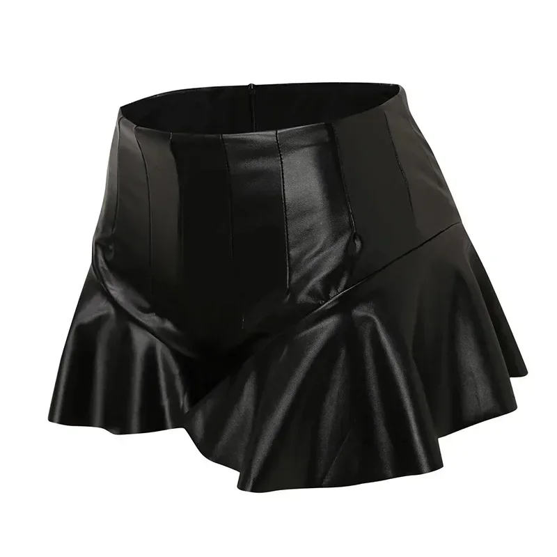 Women’s Shorts Summer High Waist Solid Color PU Leather Ruffle Trim Short Pants