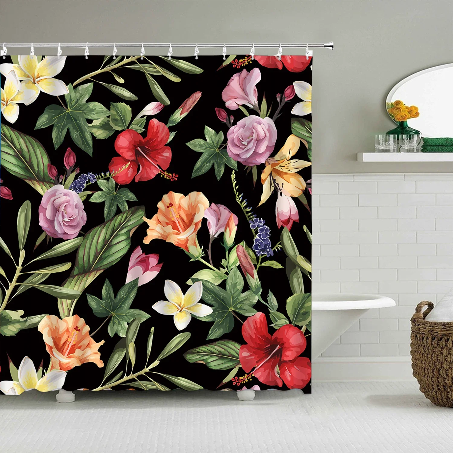 Tropical Plant Shower Curtain, Green Mid Century Style Butterfly Tub Partition Bathroom Decorative Shower Curtain with Hooks