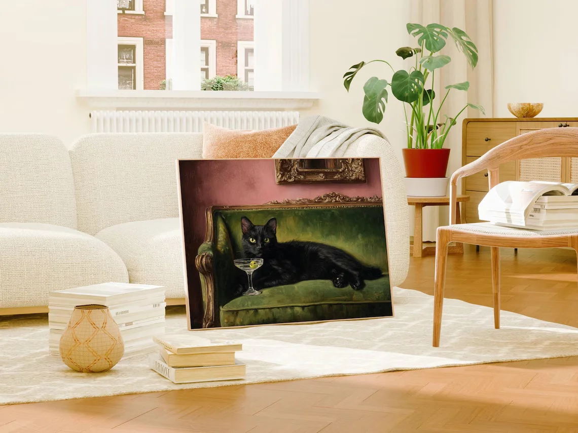 Black Cat Martini Oil Painting Print Regal Green Velvet Sofa Art Baroque Pink Wall Décor Whimsical Cocktail Lounge Cat Artwork, view 4