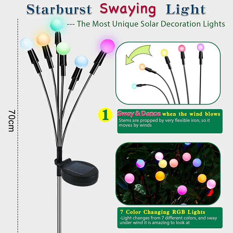 4Pcs Solar Garden Light LED Swaying Firefly Light Outdoor Waterproof Lawn Light RGB Color Changing Path Light for Party/Holiday