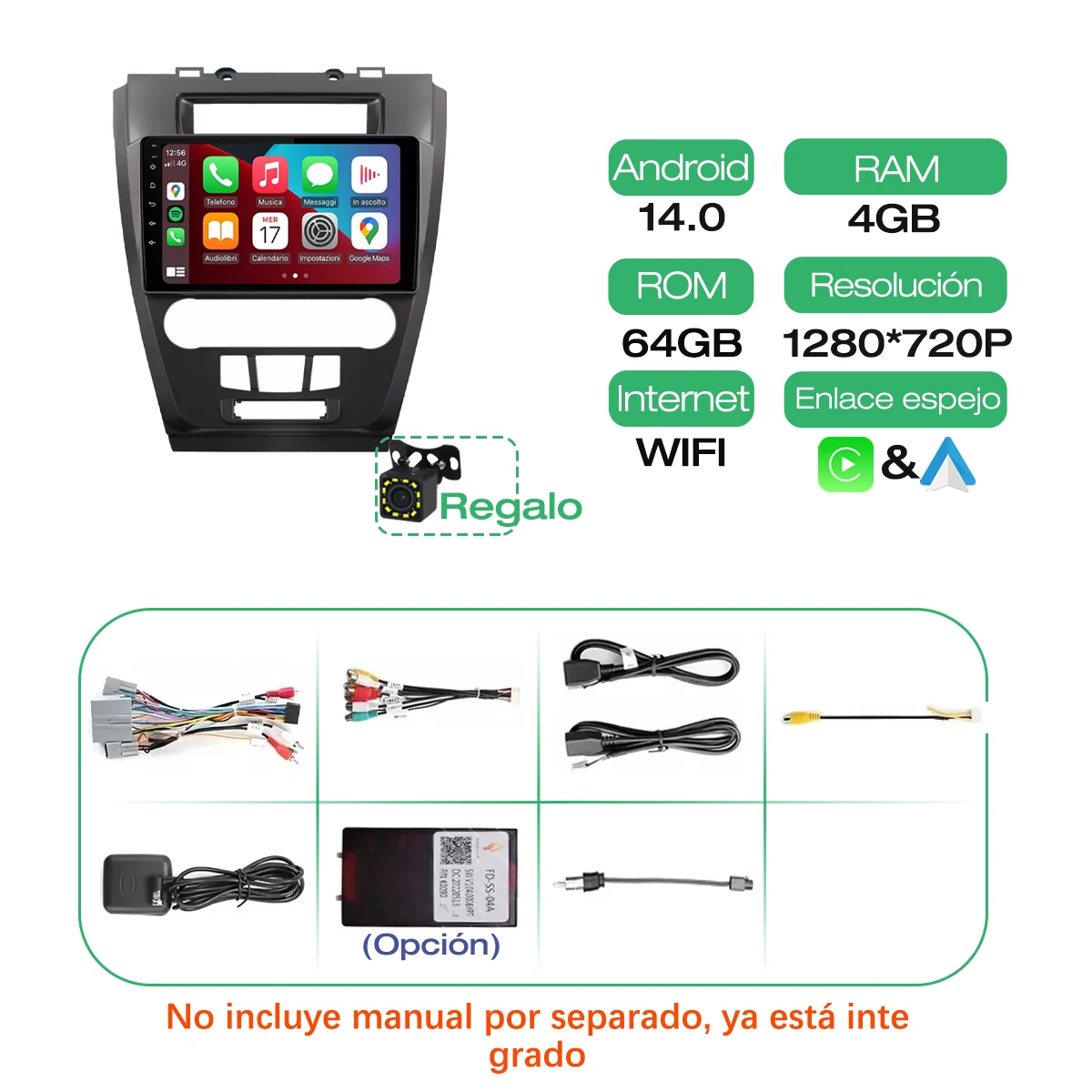 Unidad de Control Central Inalámbrica Carplay, Reproductor Multimedia para Automóvil para Ford Fusion 2009-2013, 64G Android 14 con Android Auto, GPS, WiFi, Bluetooth, Pantalla de 9 Pulgadas