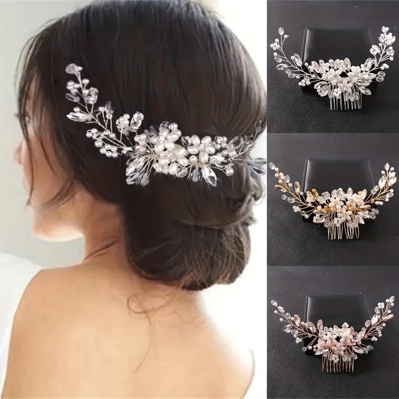 1pc Crystal Rhinestone Pearl Hair Comb Headpiece Sweet Romantic Ladies Bride Party Wedding Jewelry Hair Clip Hair Accessories