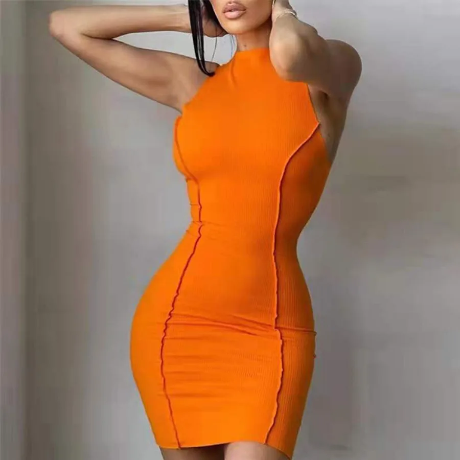 

【New style】Style summer women's clothes round collar sleeveless solid color fashionable slim waist waist bag hip dress