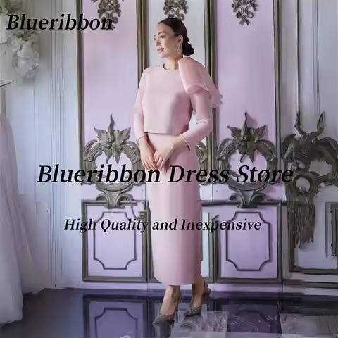 Blueribbon O-Neck Prom Dresses with Flutters Long Sleeves Evening Gowns Customized Ankle Length Birthday Party Dress