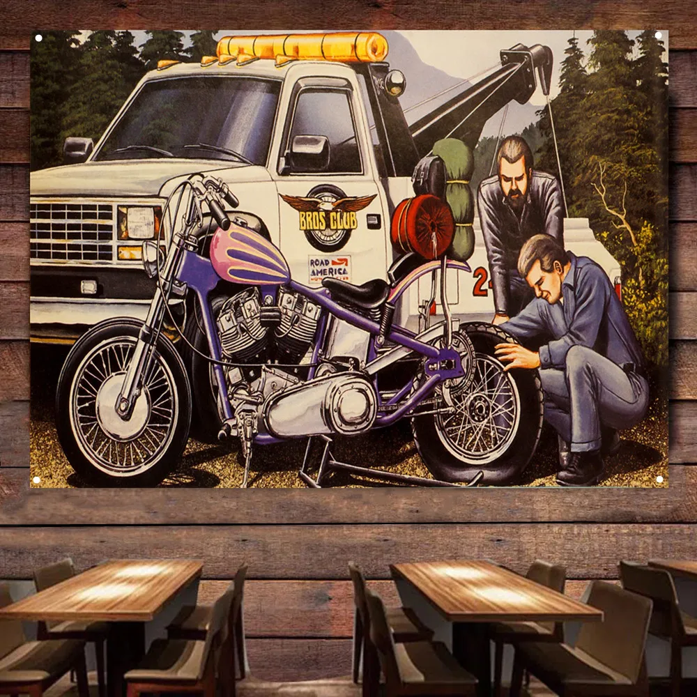 Motorcycle breaks down Painting for Garage Vintage Decor Banner Wall Flag Gas Station Man Cave Auto Poster Home Decor Stickers