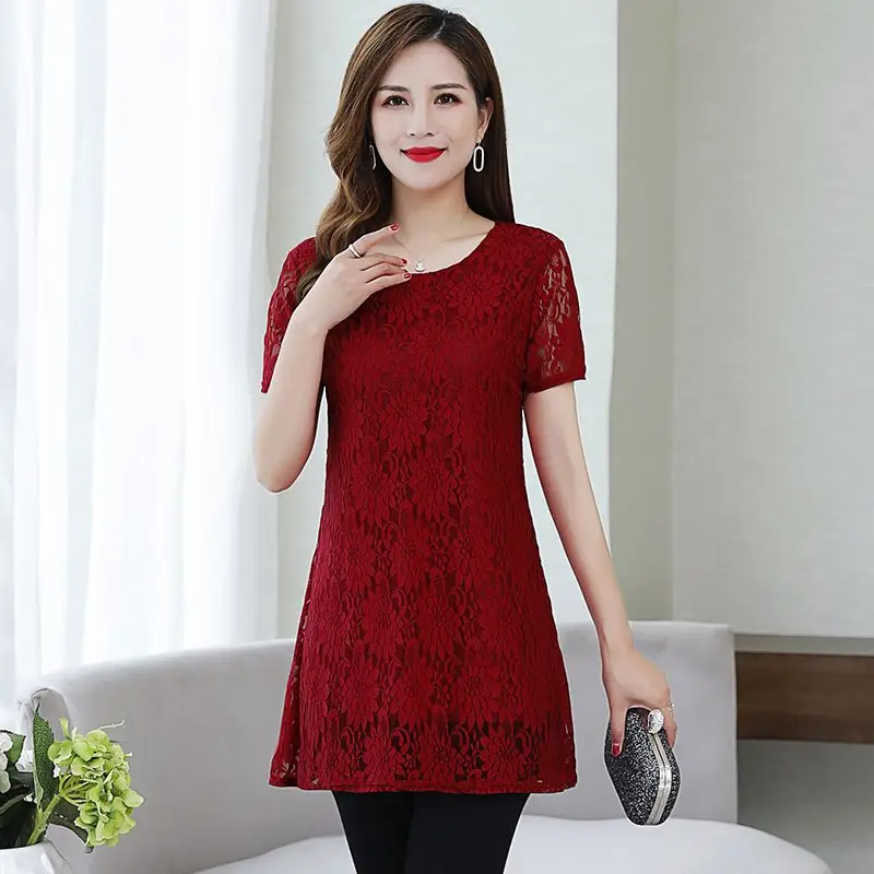 Summer New Lace Asymmetrical T Shirts Short Sleeve Round Neck Solid Color Loose Tops Tees Elegant Fashion Women Clothing