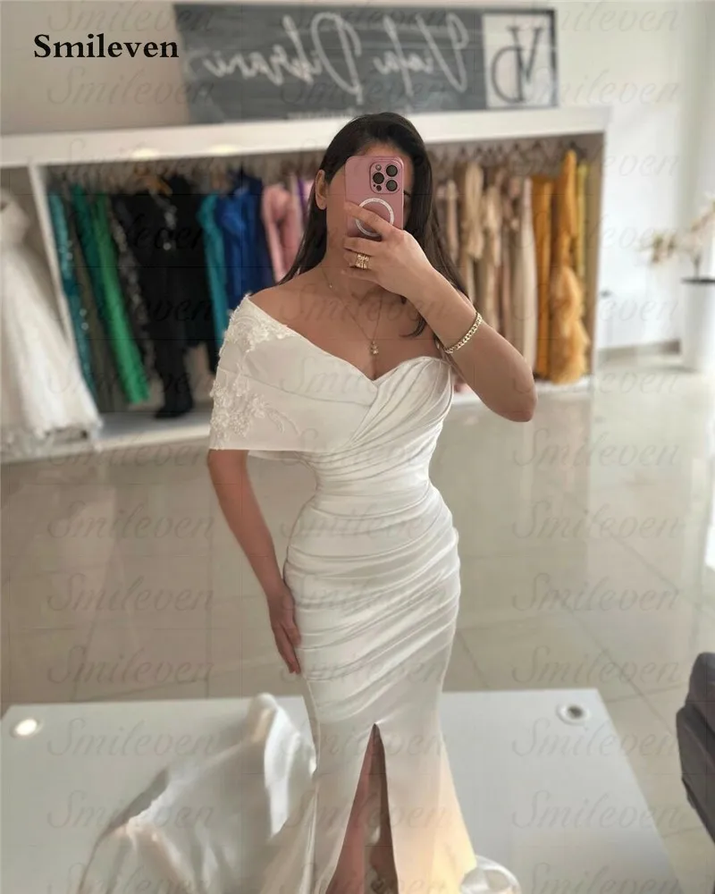 Smileven Satin Mermaid Wedding Dresses Off The Shoulder Vintage Lace Beach Bride Dresses Pleats Boho Bridal Gowns