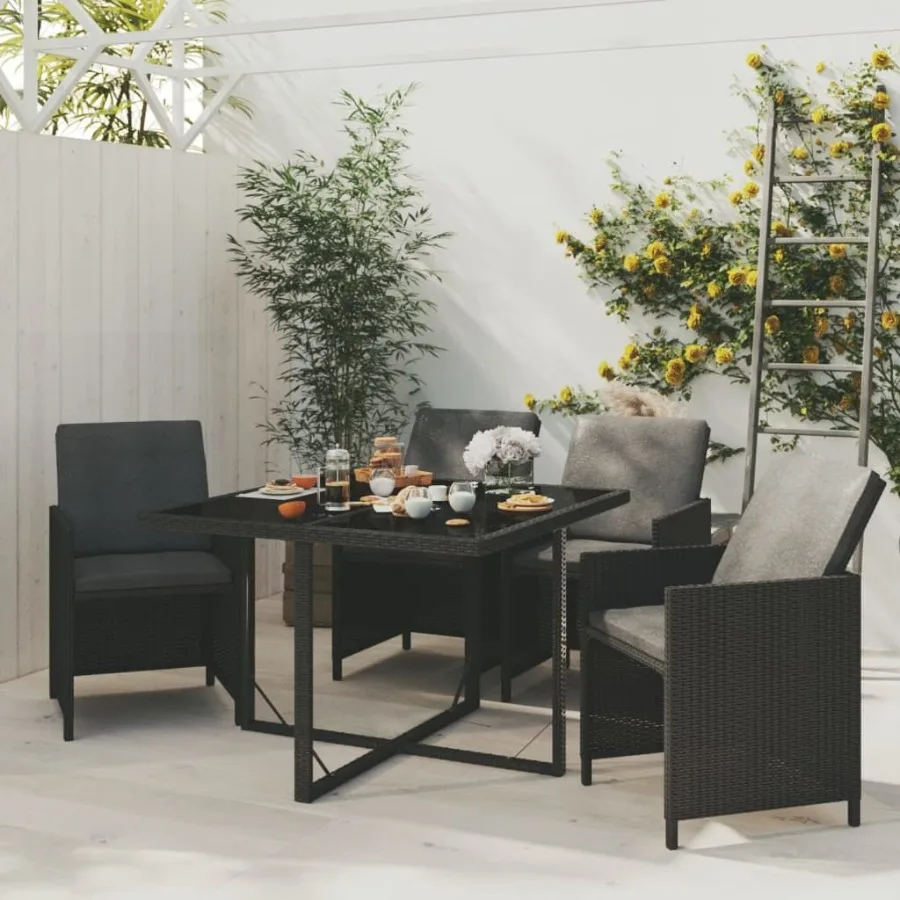 

5 Piece Patio Dining Set with Cushions Poly Rattan Black