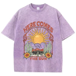 Vintage Womens Acid Wash T-Shirts Here Comes The Sun Printing Tees Crewneck Cotton Oversize Short Sleeve Fashion Female Clothes