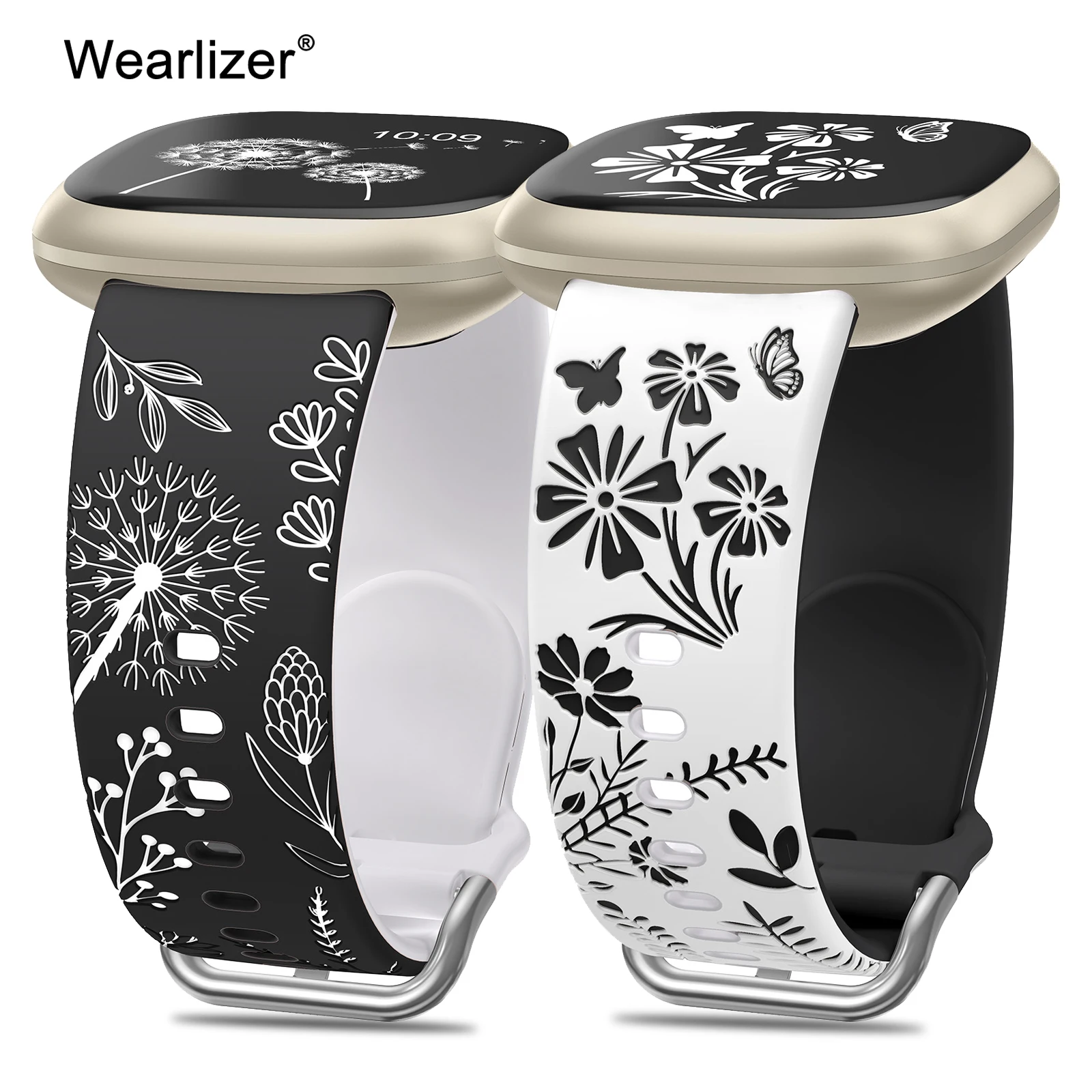 

Wearlizer 2 packs Floral Engraved Band for Fitbit Versa 4/Versa 3/Sense 2/Sense Bands Women Two-Tone Soft Silicone Sport Strap