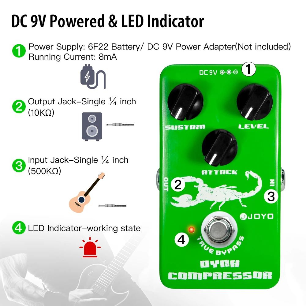 JOYO JF-10 Dynamic Compressor Guitar Effect Pedal Low Noise Classic Compressor Effect True Bypass Electric Guitar Bass Pedal